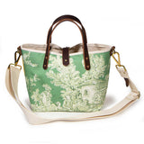Shoulder strap Mini tote with sunshine yellow and emerald toile patchwork and brown leather handles