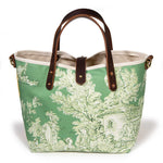 Mini tote with sunshine yellow and emerald toile patchwork and brown leather handles