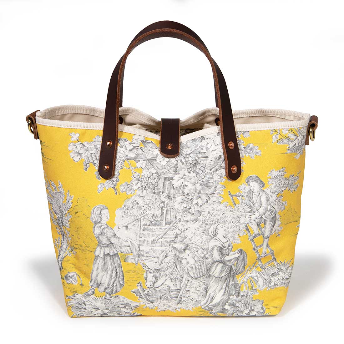 Mini tote with sunshine yellow and emerald toile patchwork and brown leather handles