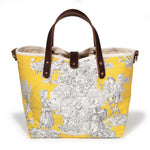 Mini tote with sunshine yellow and emerald toile patchwork and brown leather handles