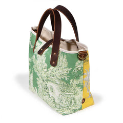 Mini tote with sunshine yellow and emerald toile patchwork and brown leather handles