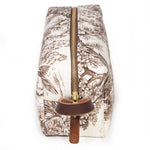 Top view of the Horse Country Toile Travel Kit showing the brass YKK zipper and leather logo pull
