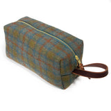 Oxford Wool Check Travel Kit in green and blue vintage wool with a rust check, brass zipper and mahogany leather handle