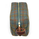 End view of the Oxford Wool Check Travel Kit with mahogany leather zipper pull on a brass YKK zipper