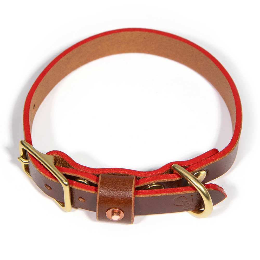 Brown Bridle Leather Dog Collar - Fire Red