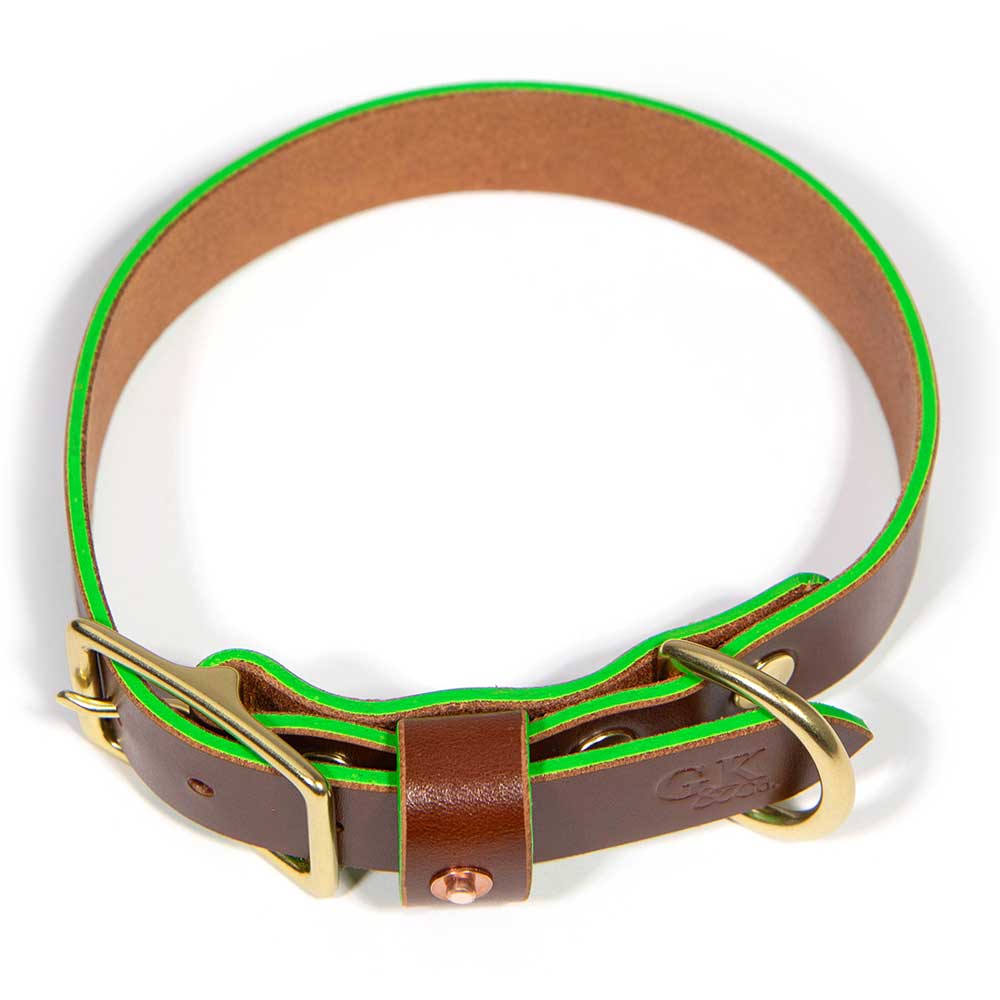 Brown Bridle Leather Dog Collar - Neon Green