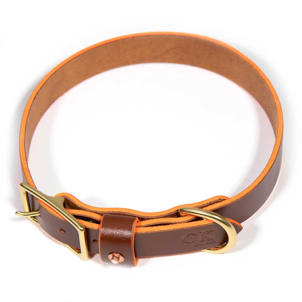 Brown Bridle Leather Dog Collar - Neon Orange