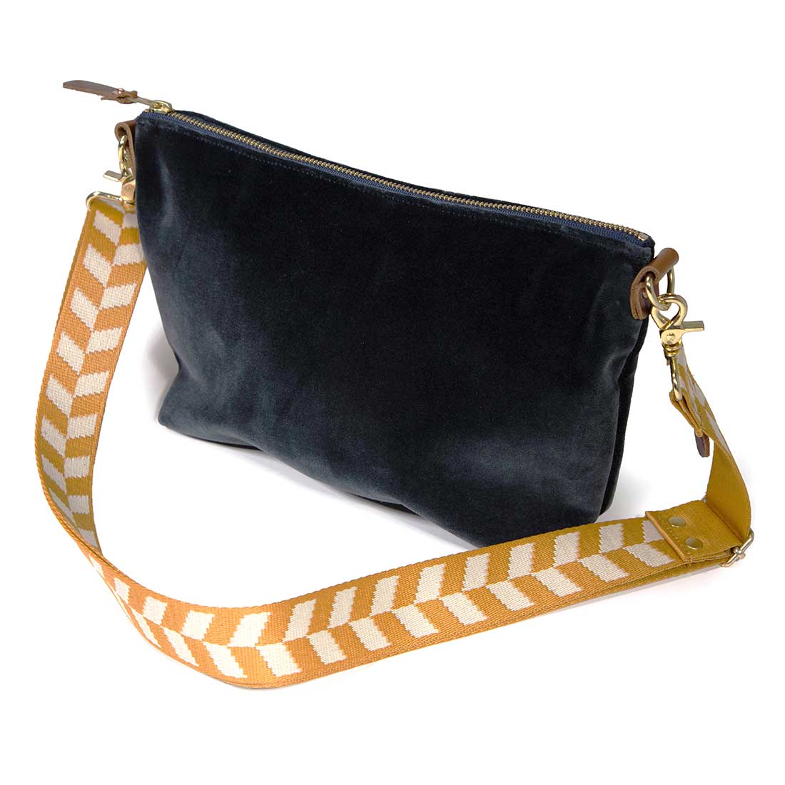 shoulder strap indigo velvet clutch with brown leather d-ring holders