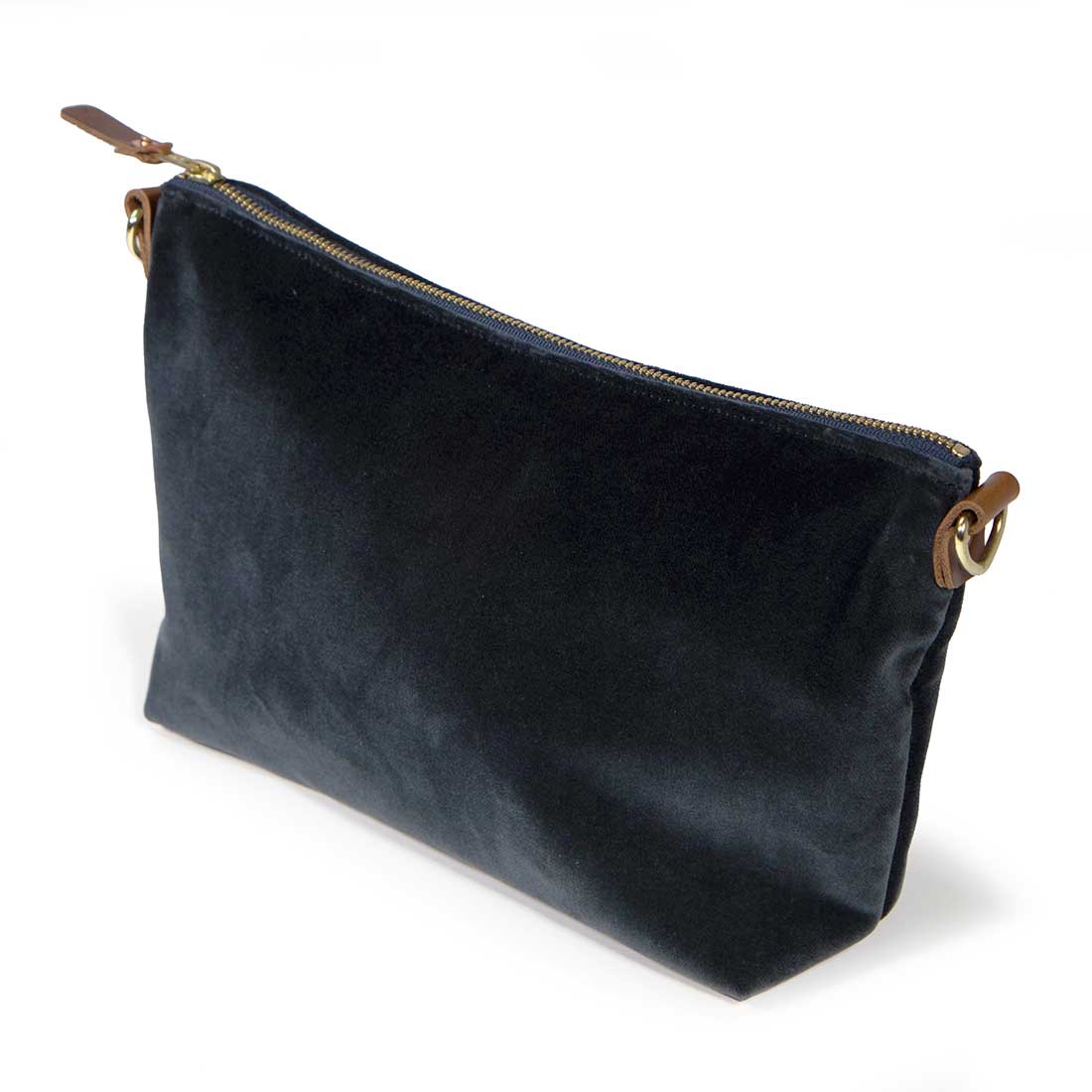 indigo velvet clutch with brown leather d-ring holders