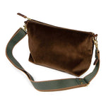 shoulder strap brown velvet clutch with brown leather d-ring holders