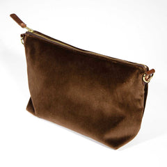 brown velvet clutch with brown leather d-ring holders