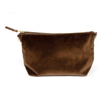 brown velvet clutch with brown leather d-ring holders