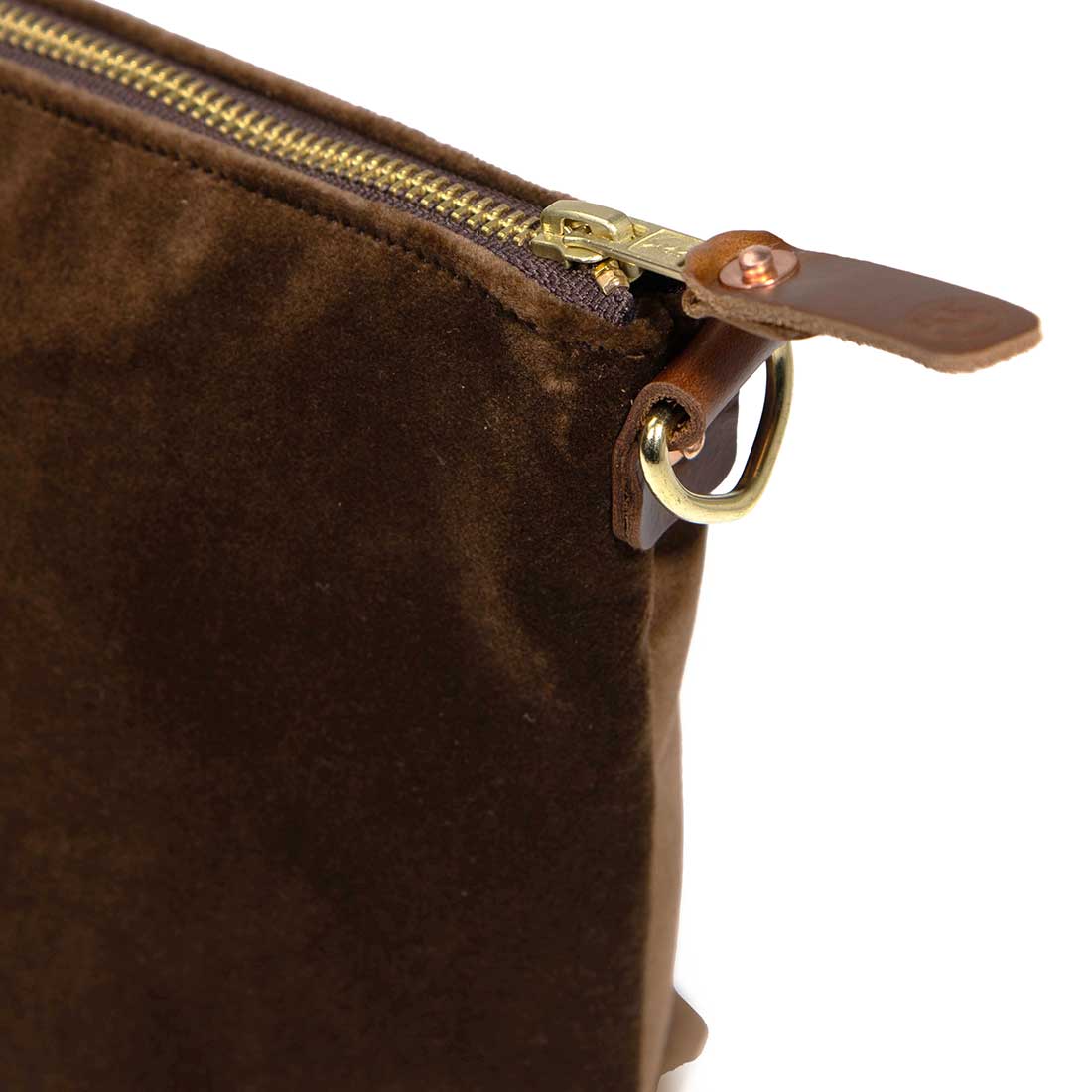 detail brown velvet clutch with brown leather d-ring holders
