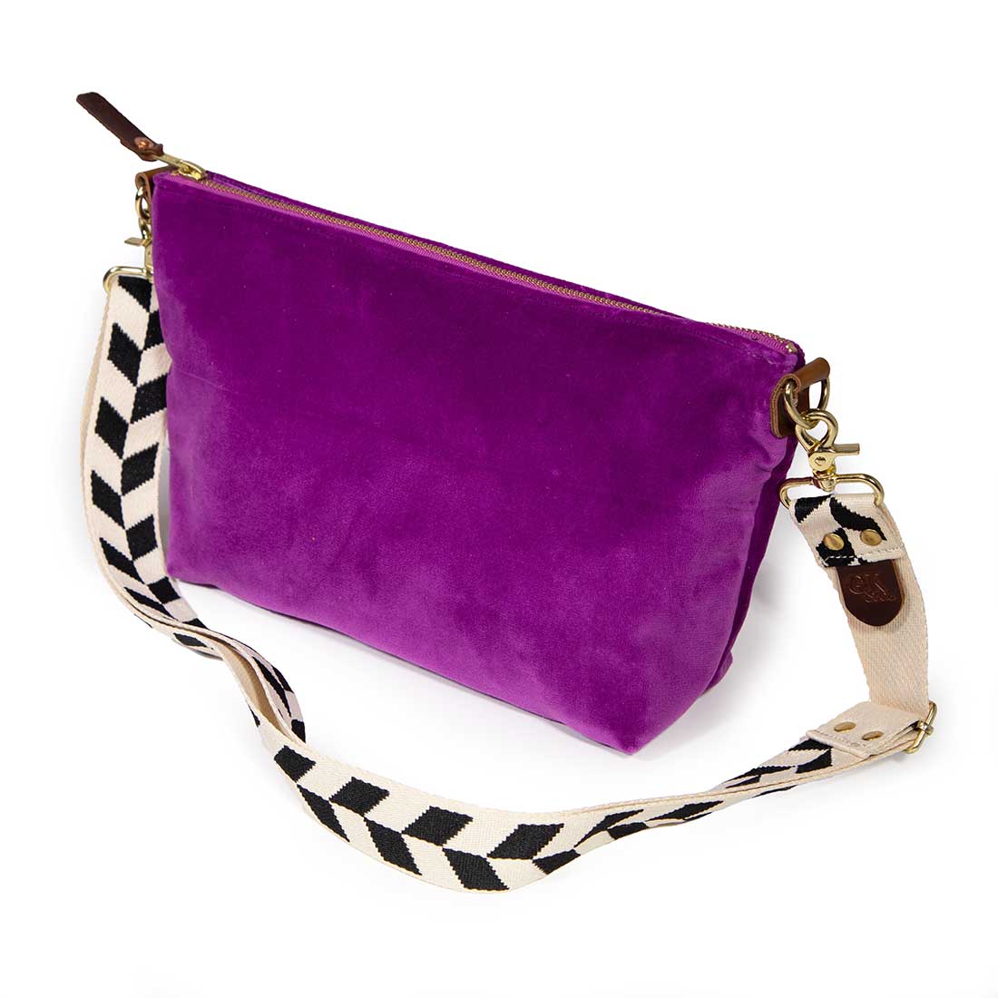 shoulder strap purple velvet clutch with brown leather d-ring holders
