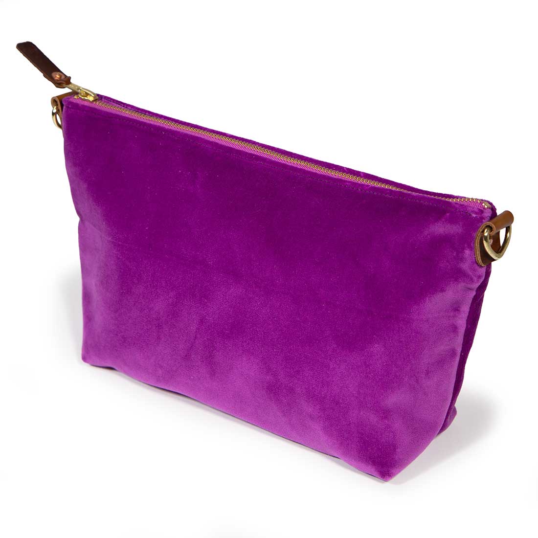 purple velvet clutch with brown leather d-ring holders