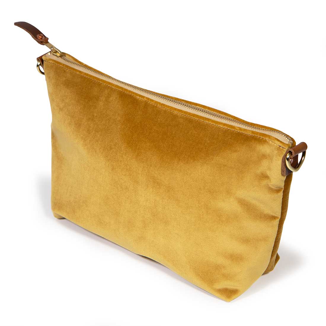 golden velvet clutch with brown leather d-ring holders