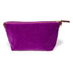 purple velvet clutch with brown leather d-ring holders