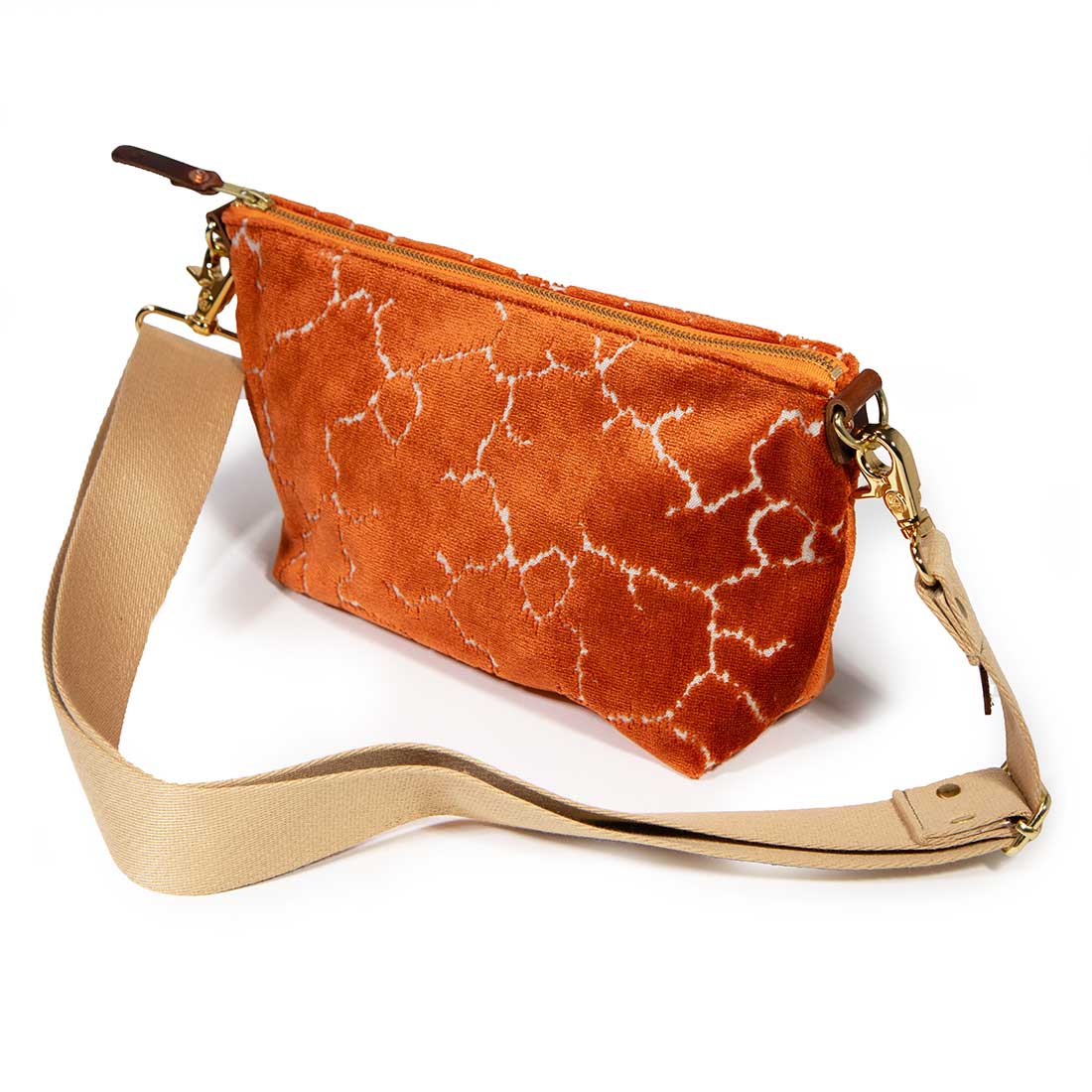 shoulder strap orange crackle velvet clutch with brown leather d-ring holders