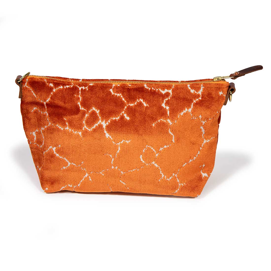 orange crackle velvet clutch with brown leather d-ring holders