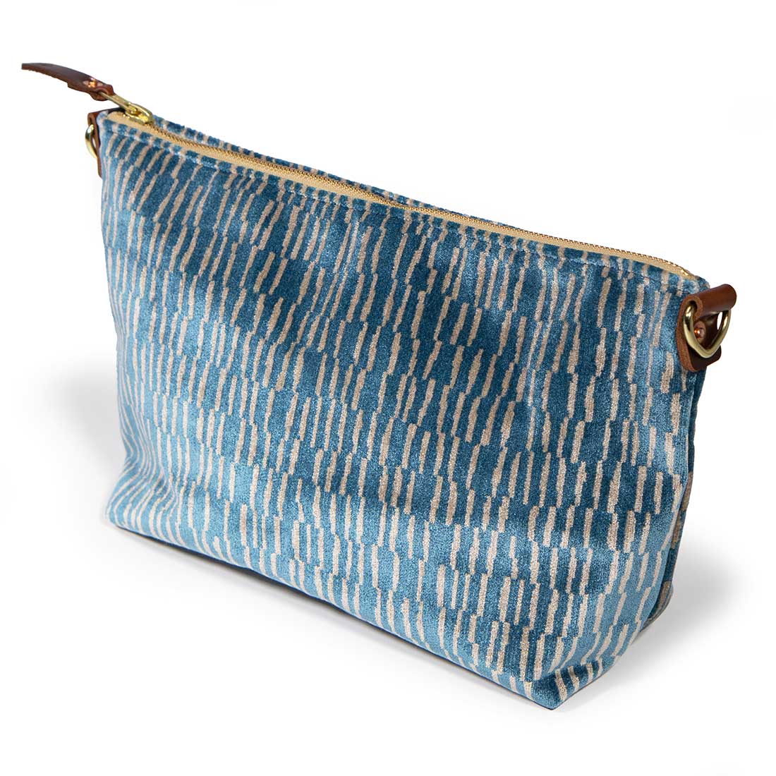 blue and white stripe velvet clutch with brown leather d-ring holders