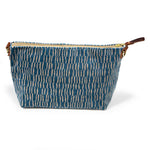 blue and white stripe velvet clutch with brown leather d-ring holders