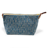 blue and white stripe velvet clutch with brown leather d-ring holders