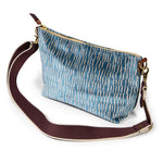 shoulder strap blue and white stripe velvet clutch with brown leather d-ring holders
