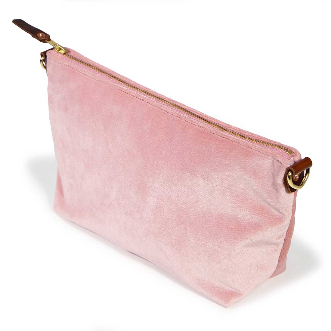 pink velvet clutch with brown leather d-ring holder