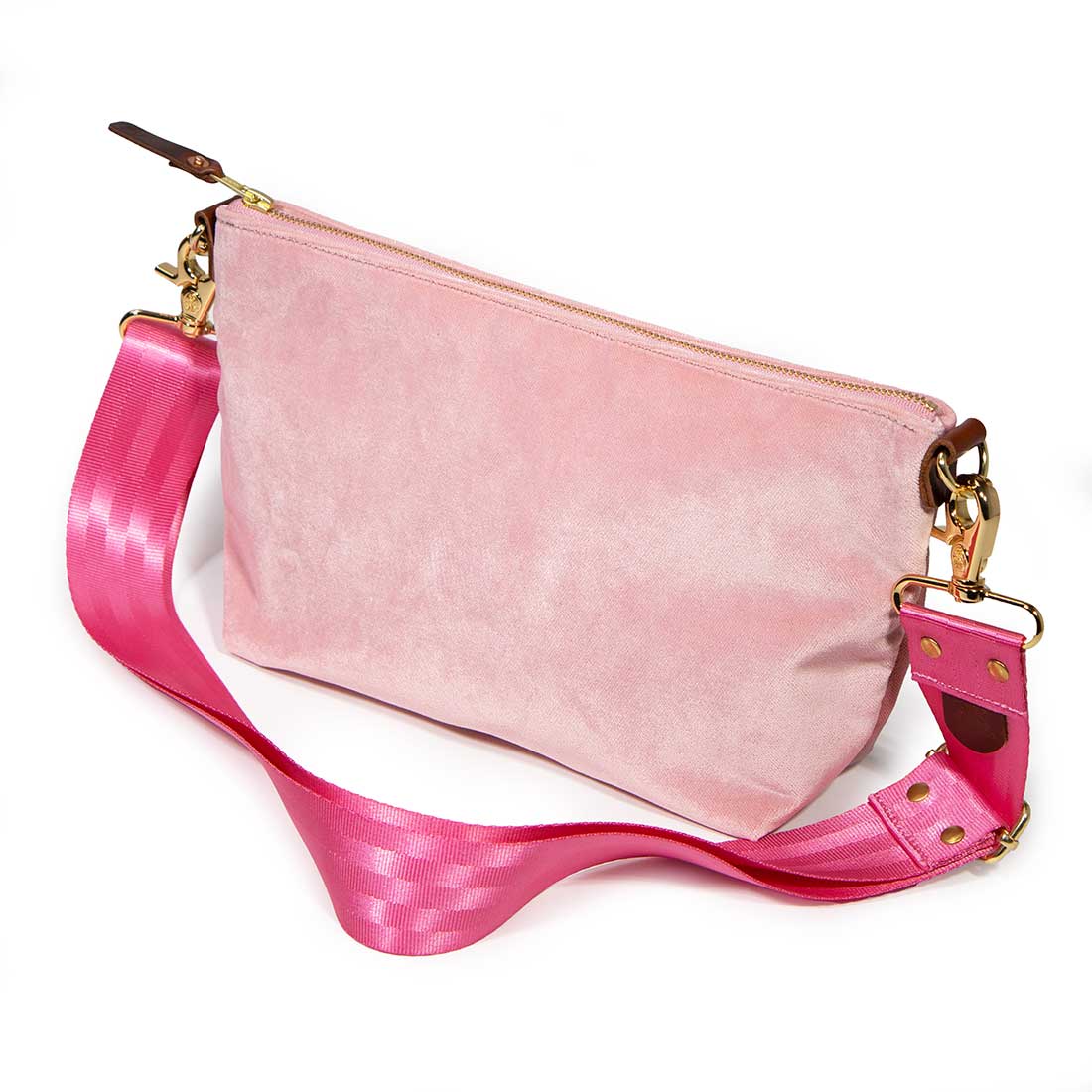 shoulder strap pink velvet clutch with brown leather d-ring holder