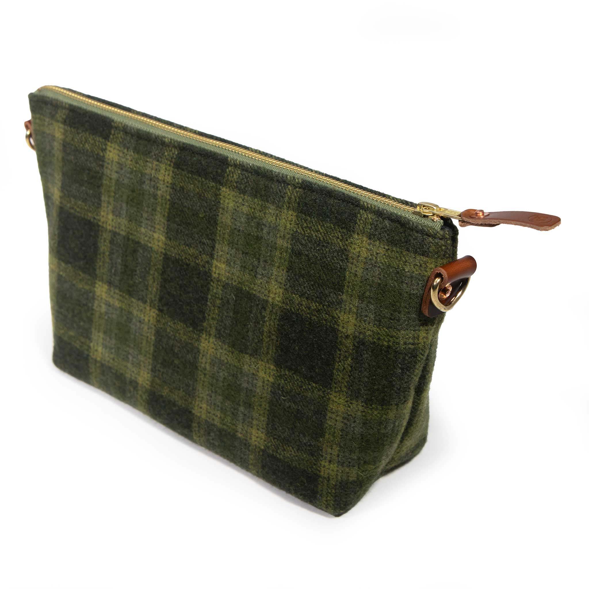 Everyday Wool Clutch in Moss Check, three-quarter view of the green wool plaid with brass zipper and leather pull
