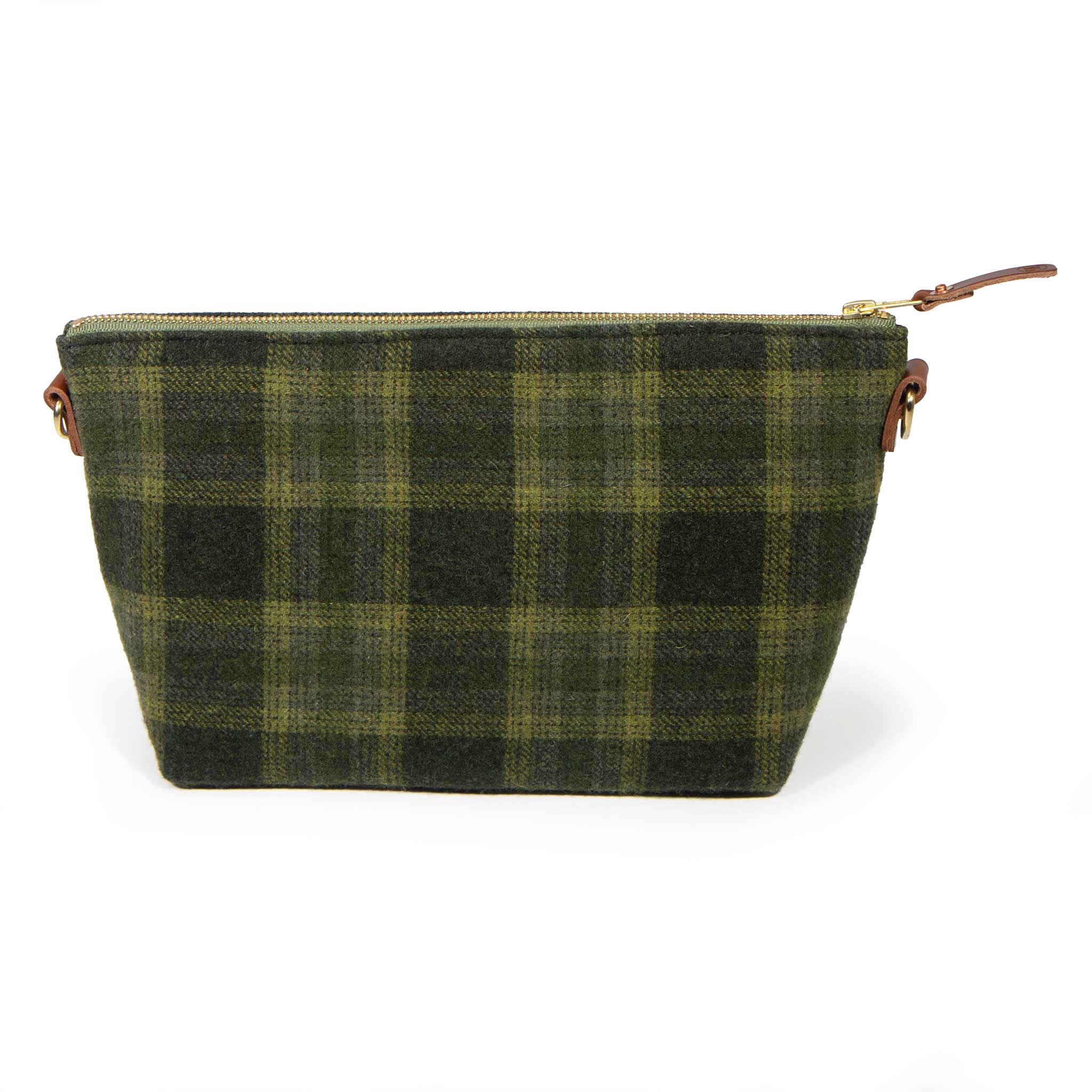 Everyday Wool Clutch in Moss Check, front view of the moss and olive green wool plaid