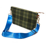 Everyday Wool Clutch in Moss Check with a blue crossbody strap, sold separately