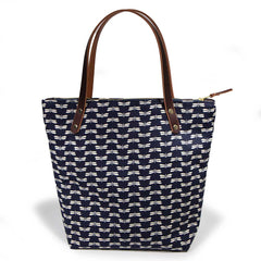 Japanese navy canvas portfolio tote with dragonfly print and brown leather handles and zipper