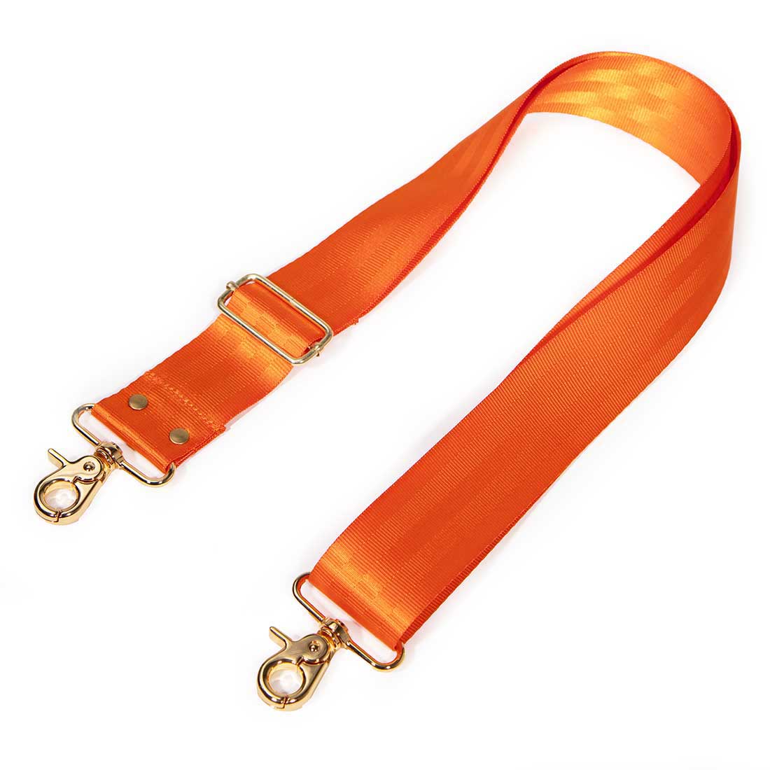 An orange satin strap with gold-tone metal hardware, including a buckle, adjustment loops, and two lobster clasp connectors, shown on a plain white background.