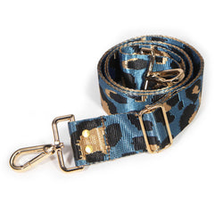 Blue leopard jacquard crossbody purse strap, coiled, with gold swivel clips and slide adjuster