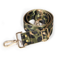 Olive leopard jacquard purse strap, black spots and metallic gold on an olive green ground