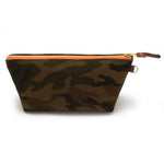 Front of the Ranger Camouflage Travel Clutch, olive and brown camouflage, with brass zipper and mahogany leather pull