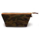 Front of the Ranger Camouflage Travel Clutch, olive and brown camouflage, with brass zipper and mahogany leather pull