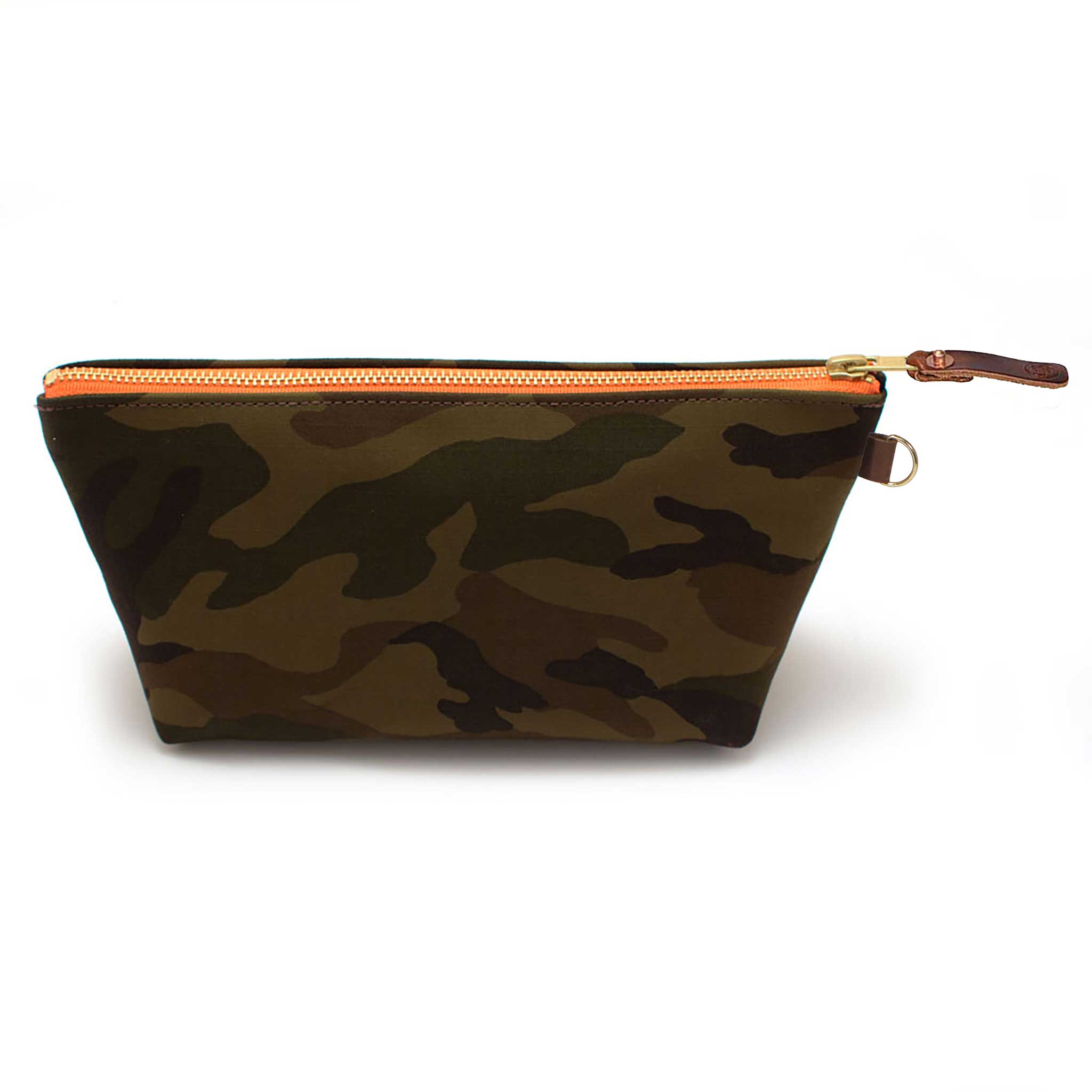 Front of the Ranger Camouflage Travel Clutch, olive and brown camouflage, with brass zipper and mahogany leather pull