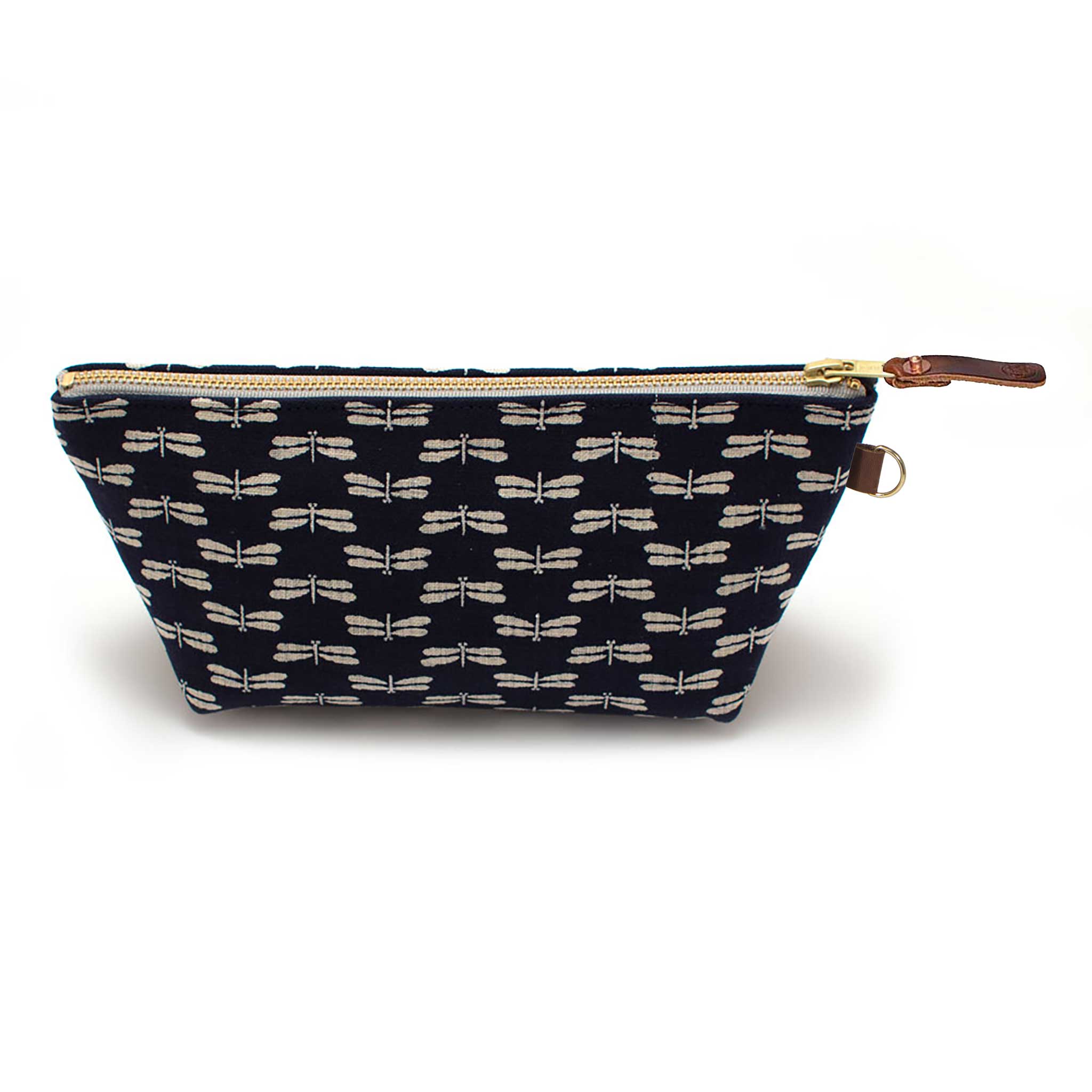 Front of the Japanese Indigo Dragonflies Travel Clutch, white dragonflies on indigo, with brass zipper and mahogany leather pull