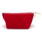 Front of the Cherry Red Velvet Travel Clutch, cherry red velvet, with brass zipper and blonde leather pull