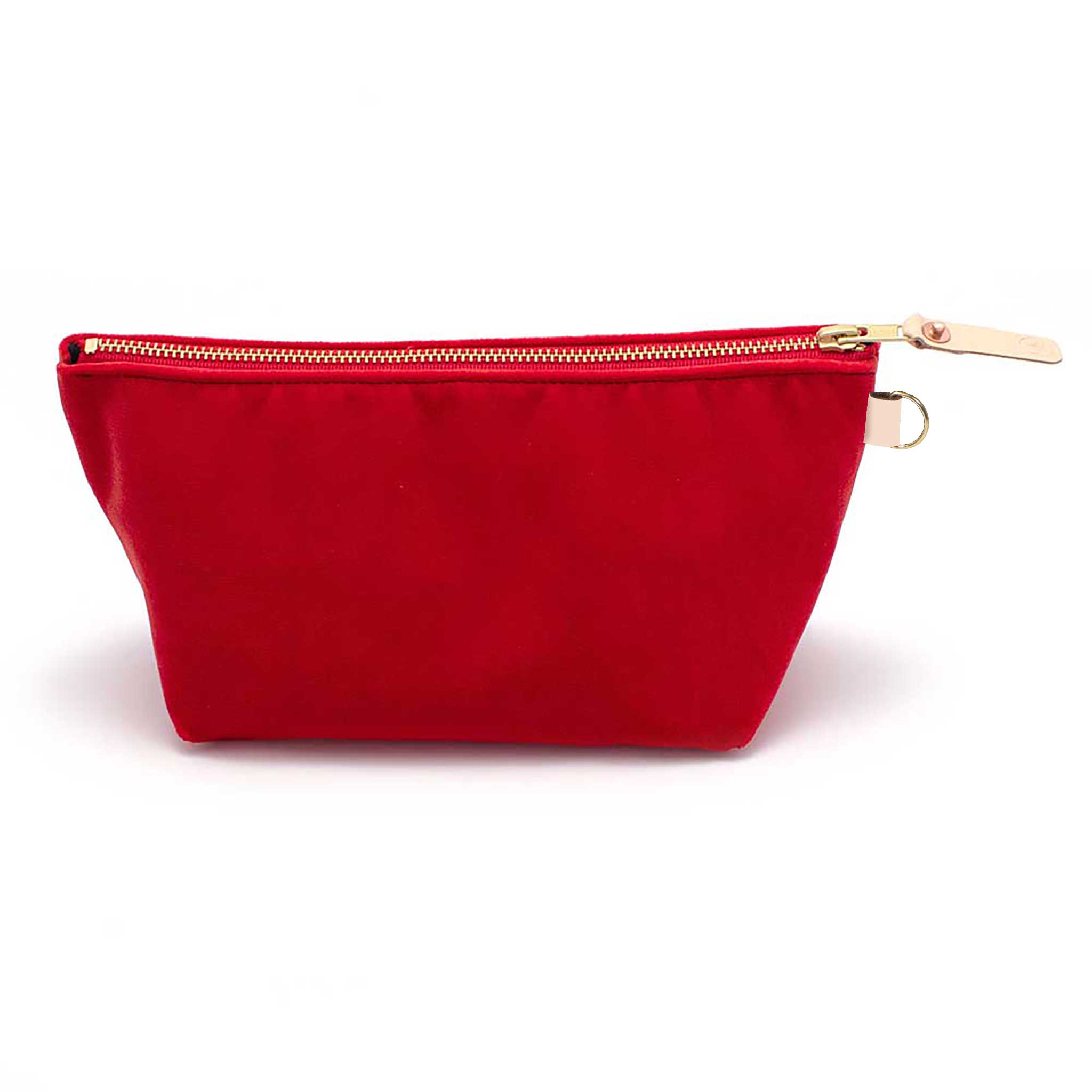Front of the Cherry Red Velvet Travel Clutch, cherry red velvet, with brass zipper and blonde leather pull