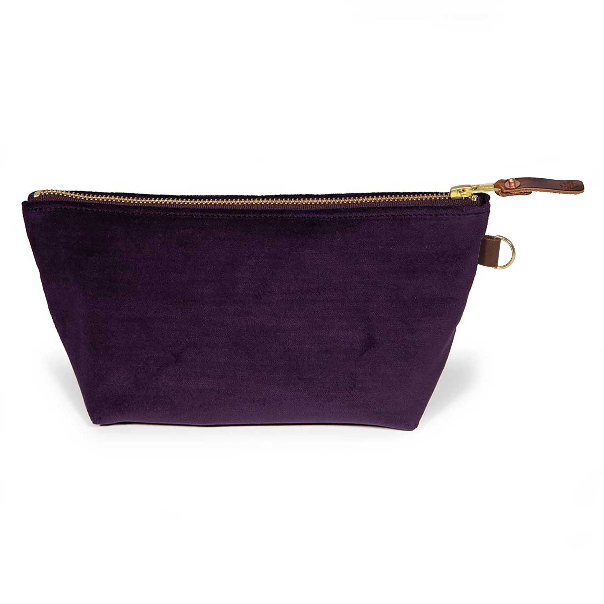 Front of the Royal Purple Velvet Travel Clutch, royal purple velvet, with brass zipper and mahogany leather pull