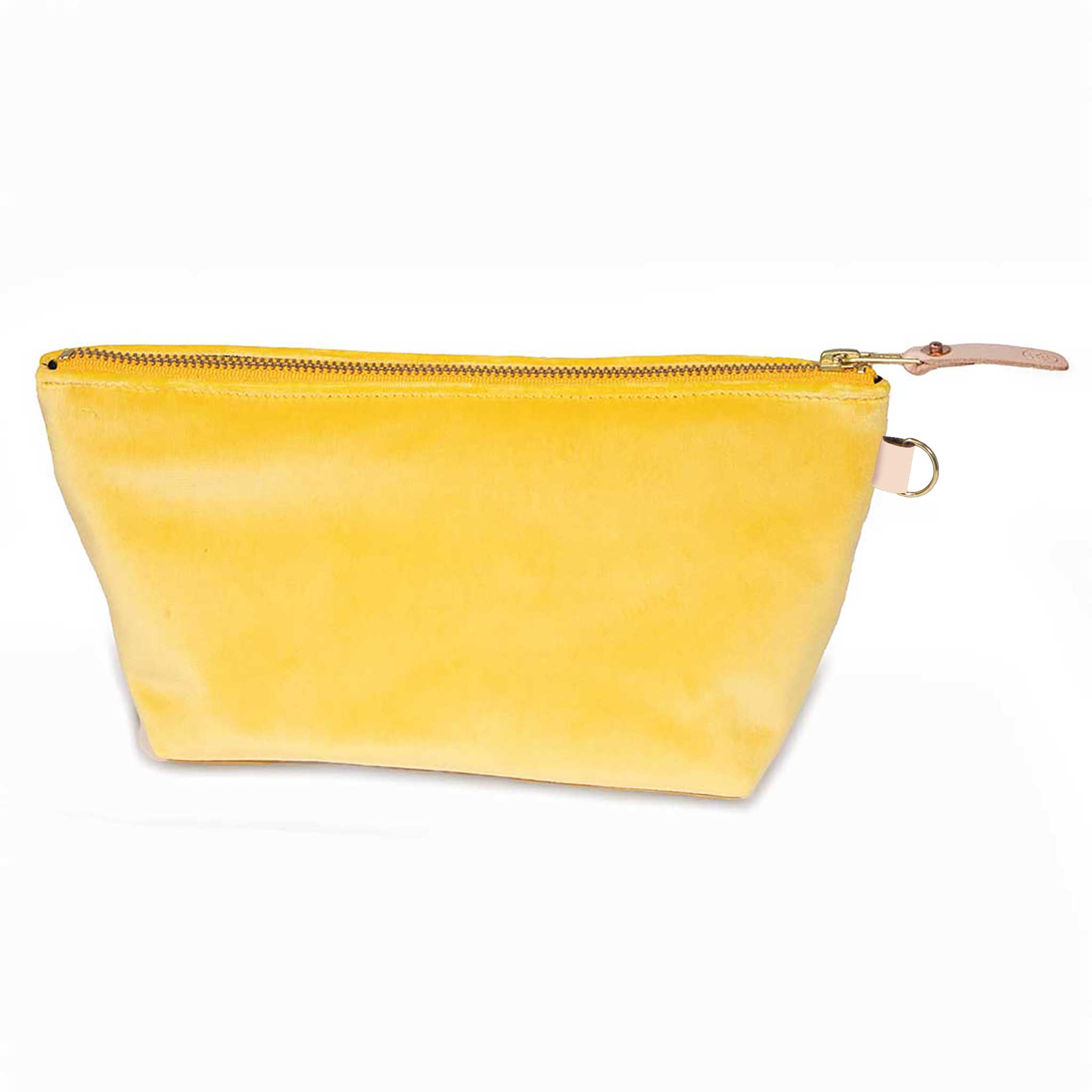 Front of the Sunshine Velvet Travel Clutch, sunshine yellow velvet, with brass zipper and blonde leather pull