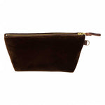 Front of the Walnut Velvet Travel Clutch, walnut brown velvet, with brass zipper and mahogany leather pull