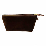 Front of the Walnut Velvet Travel Clutch, walnut brown velvet, with brass zipper and mahogany leather pull