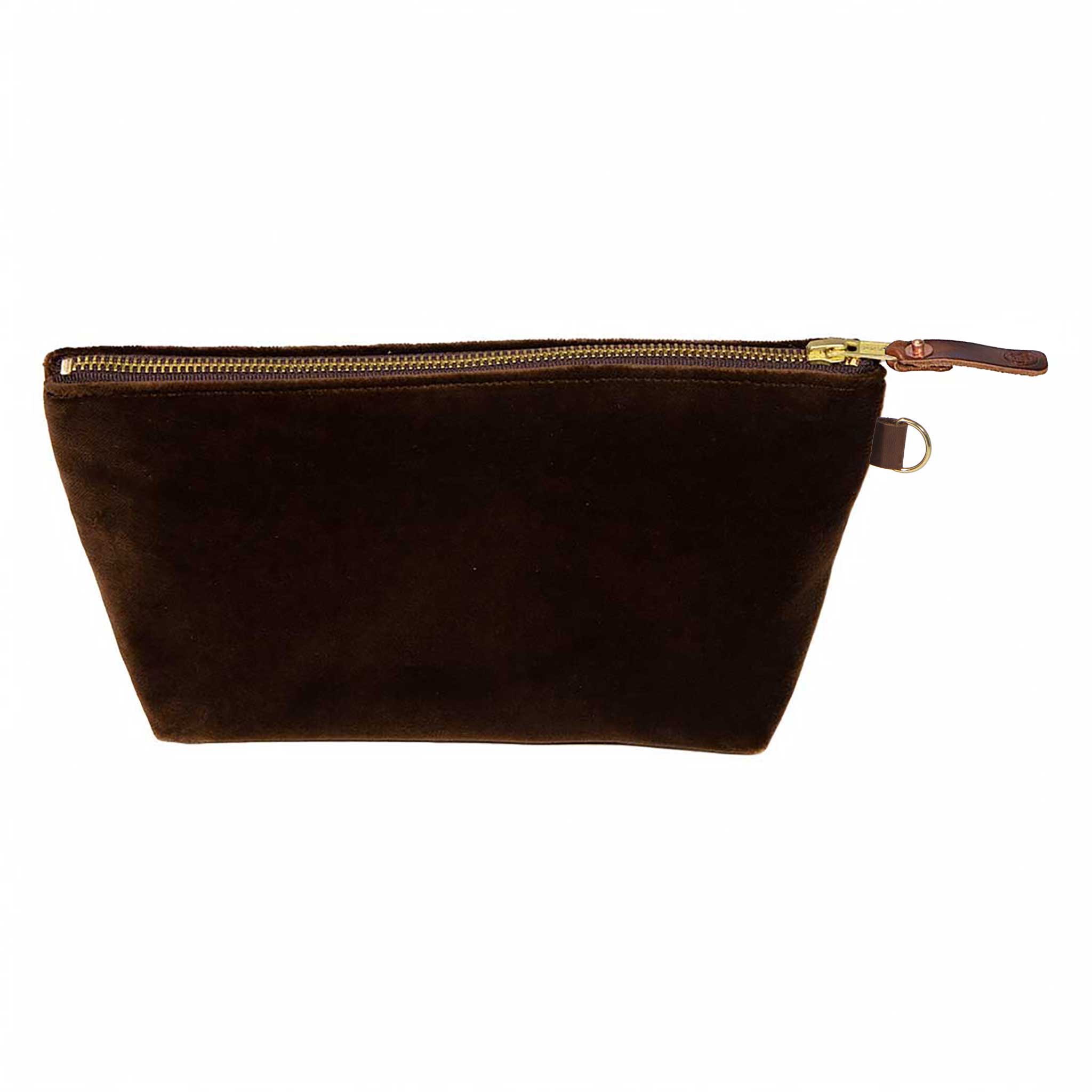 Front of the Walnut Velvet Travel Clutch, walnut brown velvet, with brass zipper and mahogany leather pull