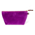 Front of the Fuchsia Velvet Travel Clutch, fuchsia velvet, with brass zipper and mahogany leather pull