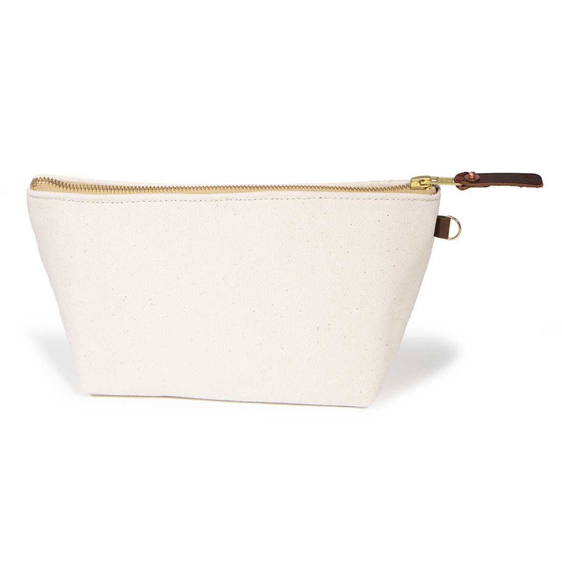 Front of the Natural Canvas Travel Clutch, natural flecked canvas, with brass zipper and mahogany leather pull