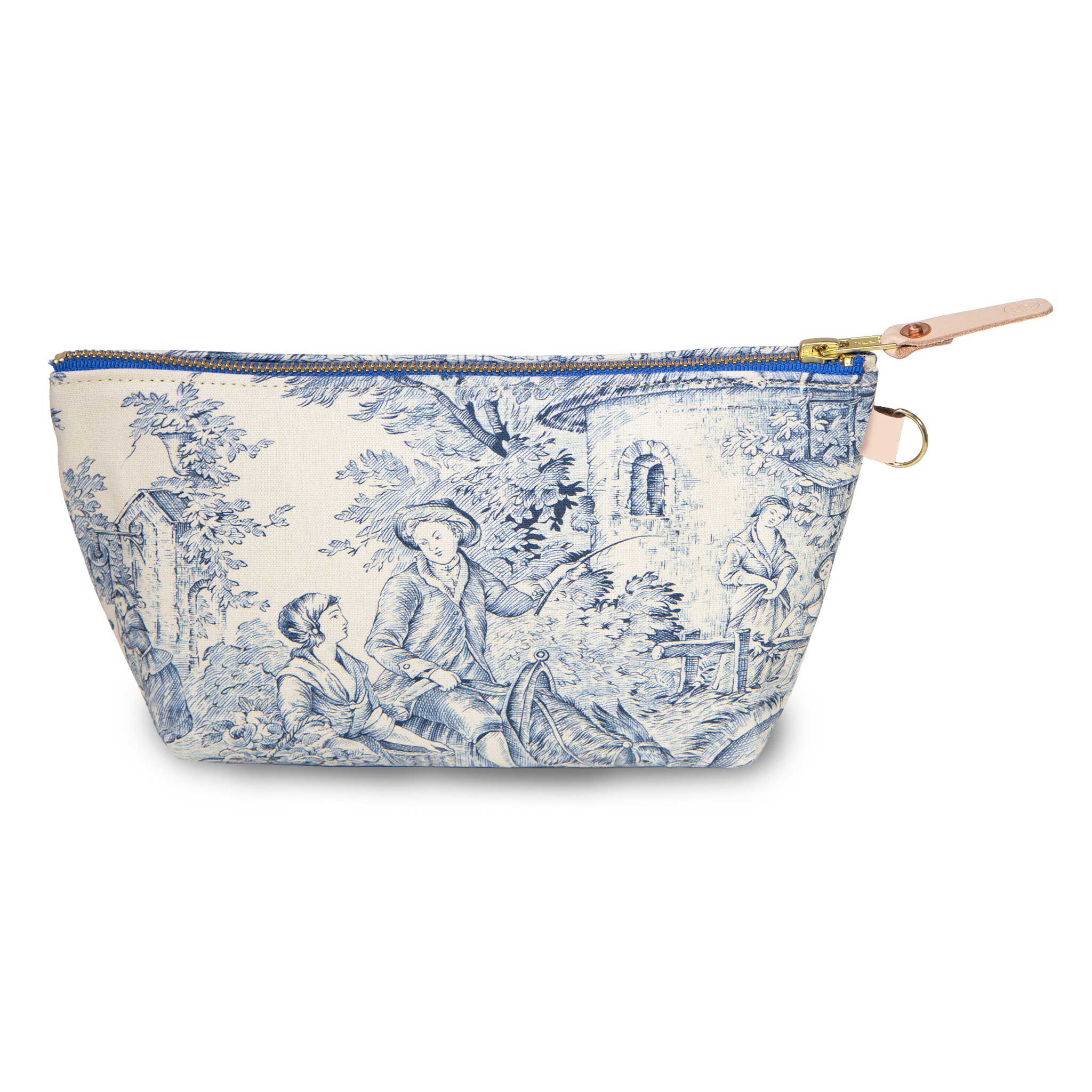 Front of the Delftware Toile Travel Clutch, Delft blue toile on ivory, with brass zipper and blonde leather pull